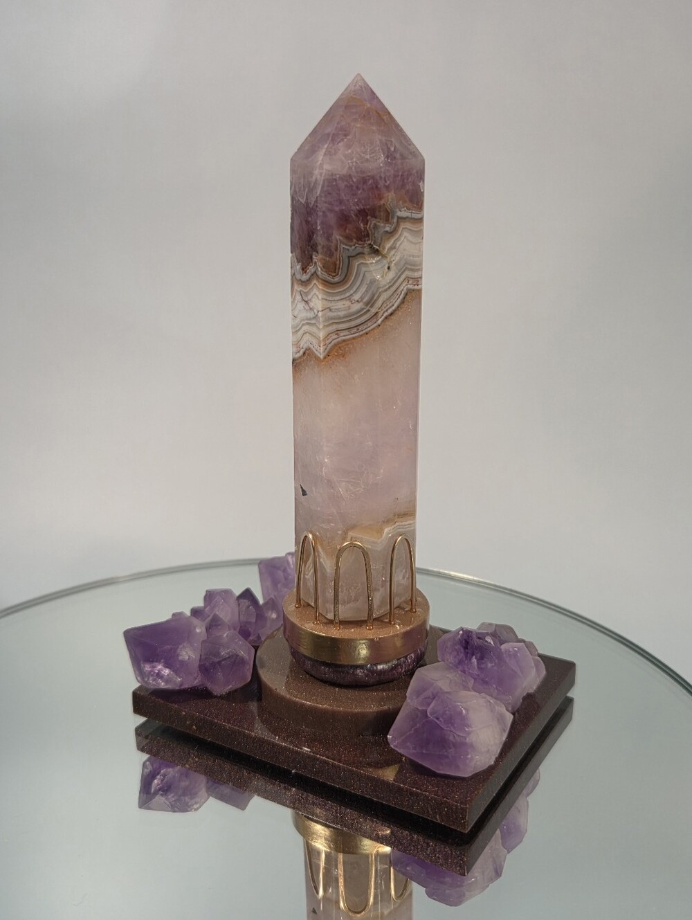 Natural Auralite-23 Aurora Amethyst Gemstone Obelisk Tower On Handmade Display